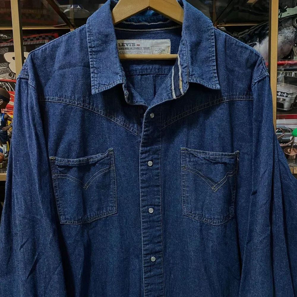 Levi's Denim Western Pearl Snap Shirt Mens X-Large Blue Workwear XL Red Snap